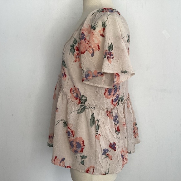 Lucky Brand Crinkly Pink Green Floral Print chiffon coquette Babydoll Blouse Med - Picture 6 of 9